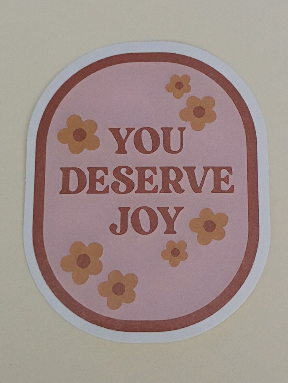 10/$10 Sticker - You Deserve Joy - Pink Oval, Red Outline & Text, Orange Flowers